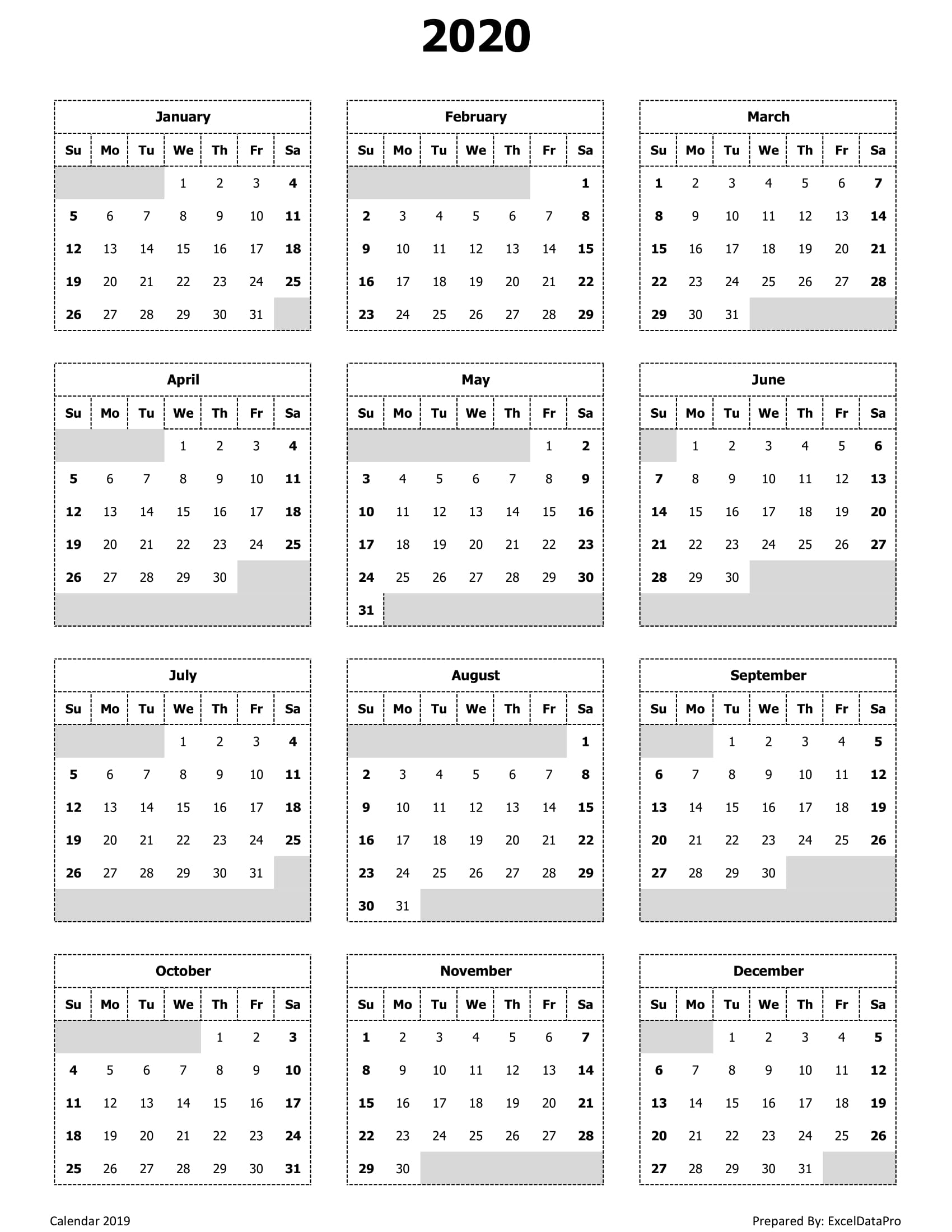 download 2020 monthly calendar sun start ink saver excel template exceldatapro