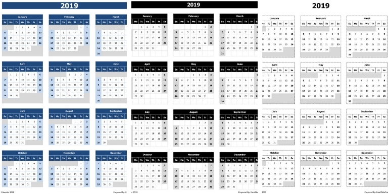 2019 Calendar Excel Templates Printable PDFs &