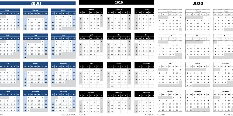 2020 Calendar Excel Templates, Printable PDFs & Images