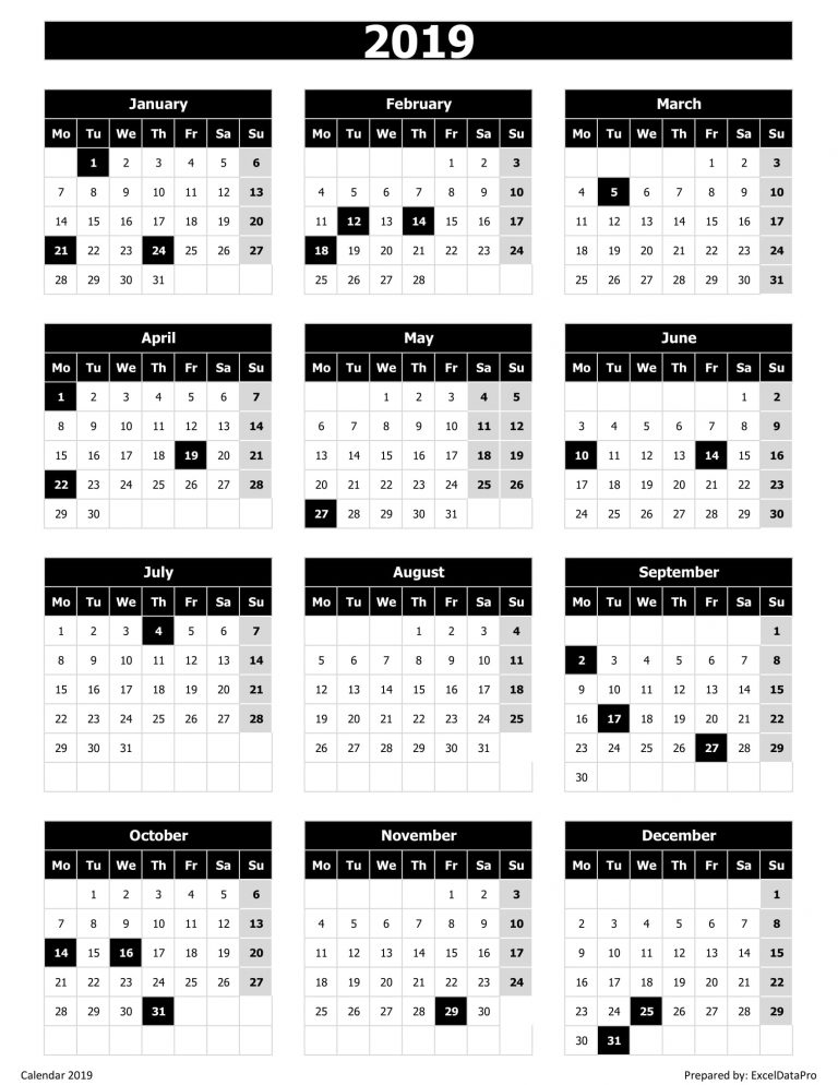 Download Calendar 2019 Monday Start Excel Template - ExcelDataPro