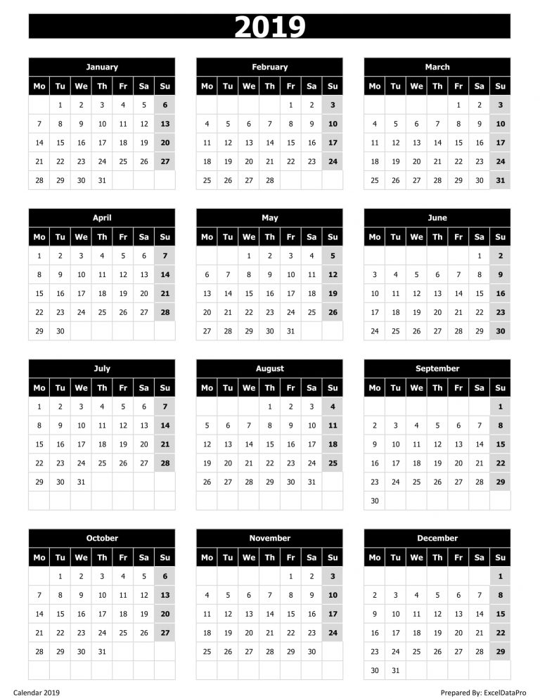 Download Calendar 2019 Monday Start Excel Template - ExcelDataPro
