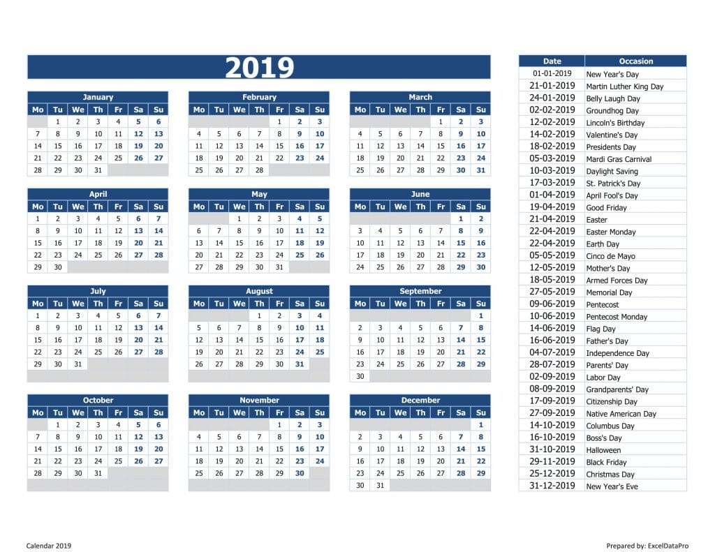 Download Calendar 2019 Monday Start Excel Template - Exceldatapro