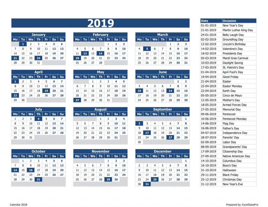 Download Calendar 2019 Monday Start Excel Template - Exceldatapro