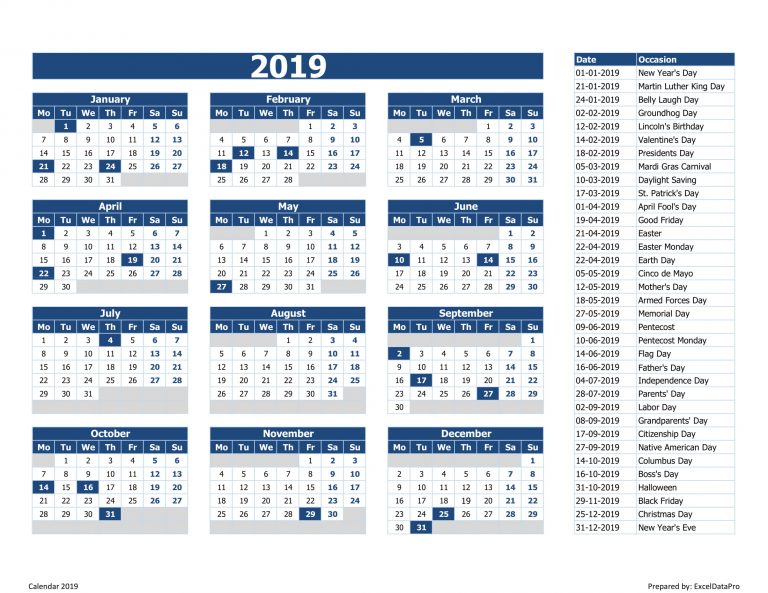 Download Calendar 2019 Monday Start Excel Template - ExcelDataPro