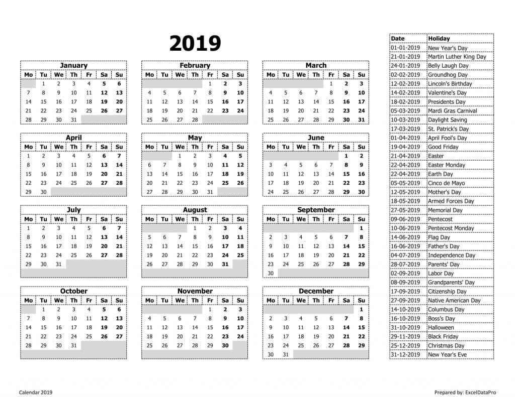 2019 Calendar Excel Templates, Printable PDFs & Images - ExcelDataPro