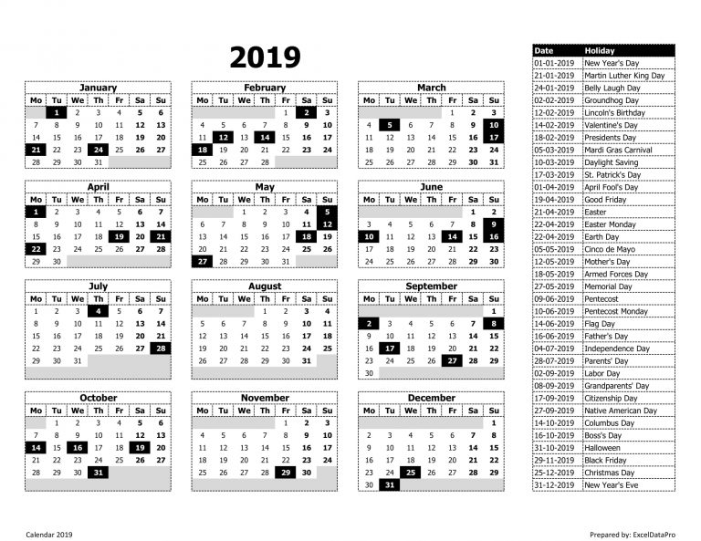 Download Calendar 2019 Monday Start Excel Template - ExcelDataPro