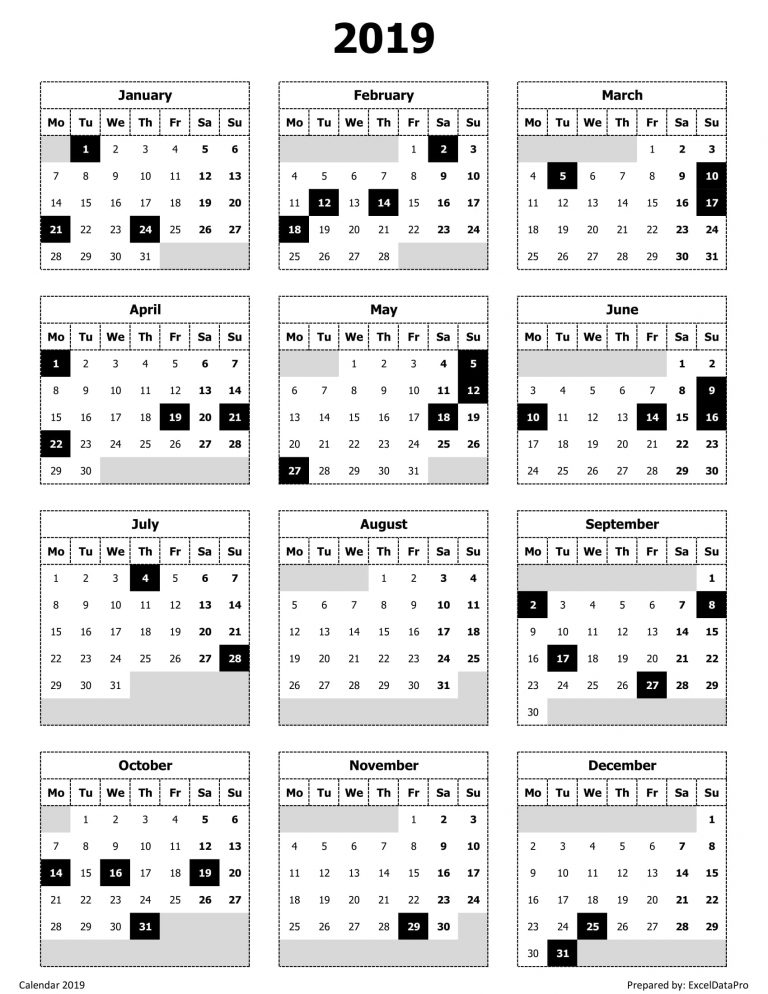 Download Calendar 2019 Monday Start Excel Template - Exceldatapro