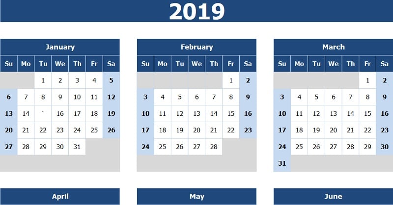 Download 2019 Yearly Calendar (Sun Start) Excel Template