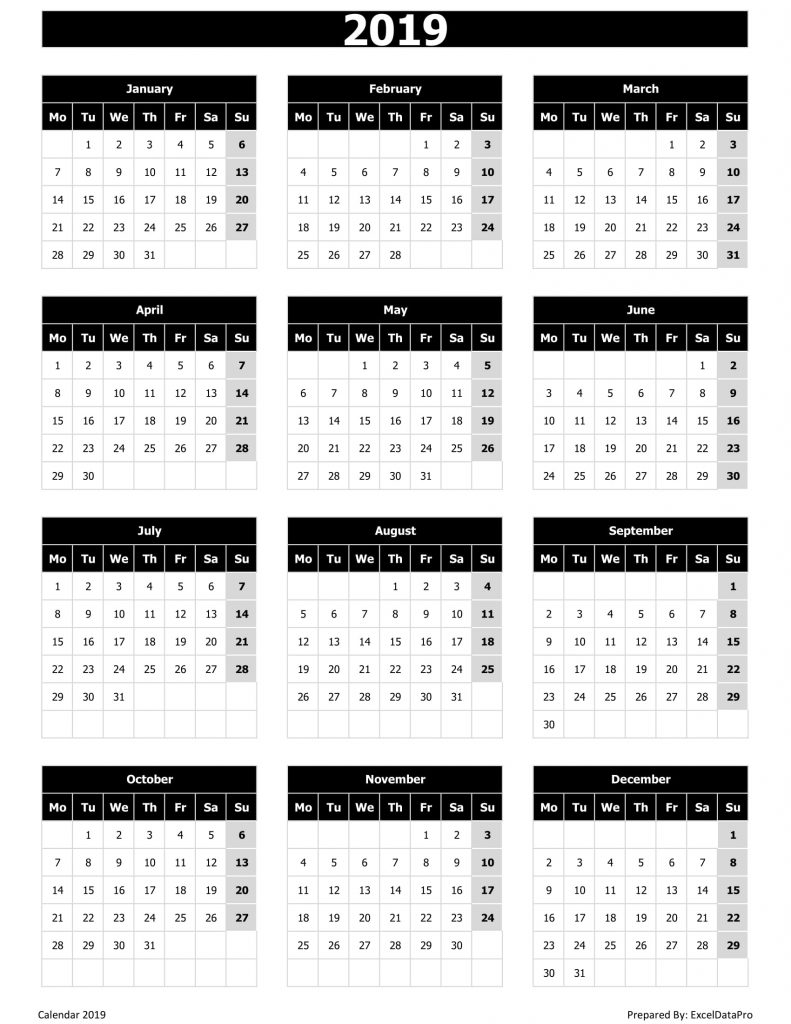 2019 Calendar Excel Templates, Printable PDFs & Images - ExcelDataPro