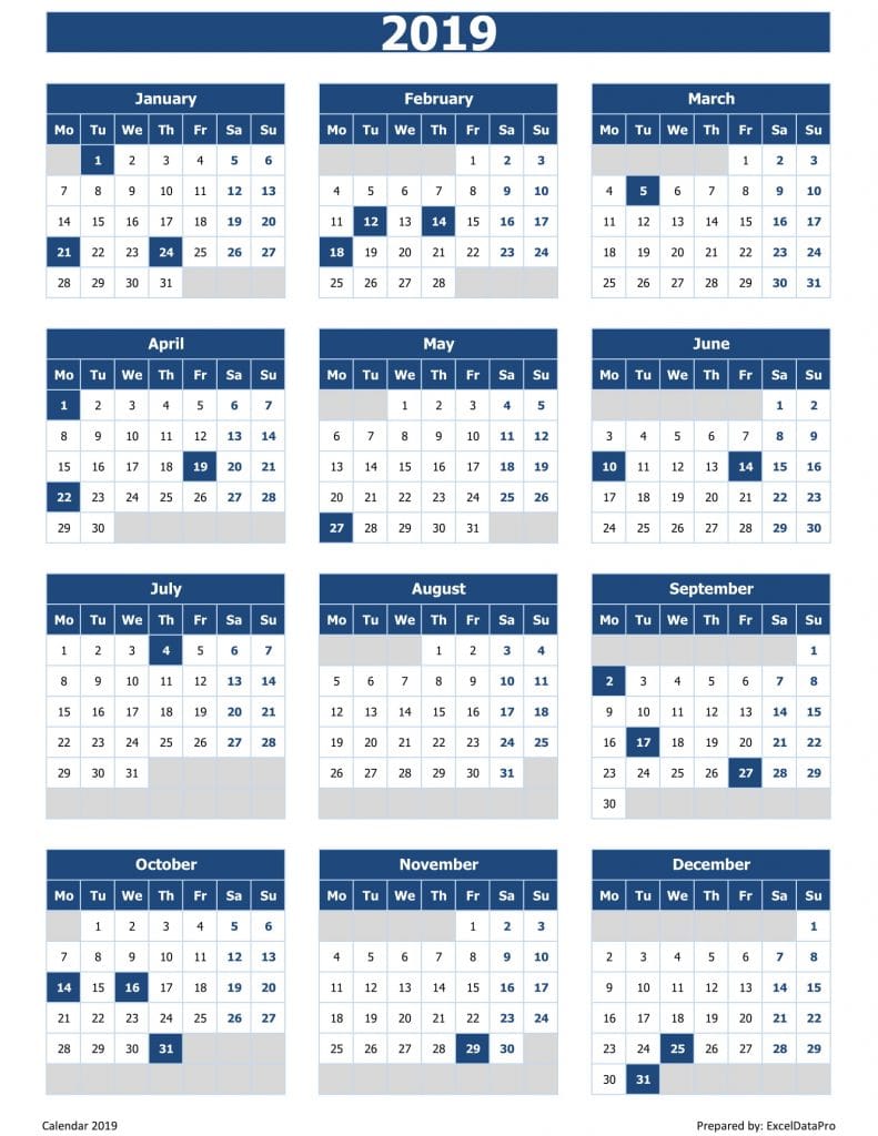 2019 Calendar Excel Templates, Printable PDFs & Images - ExcelDataPro