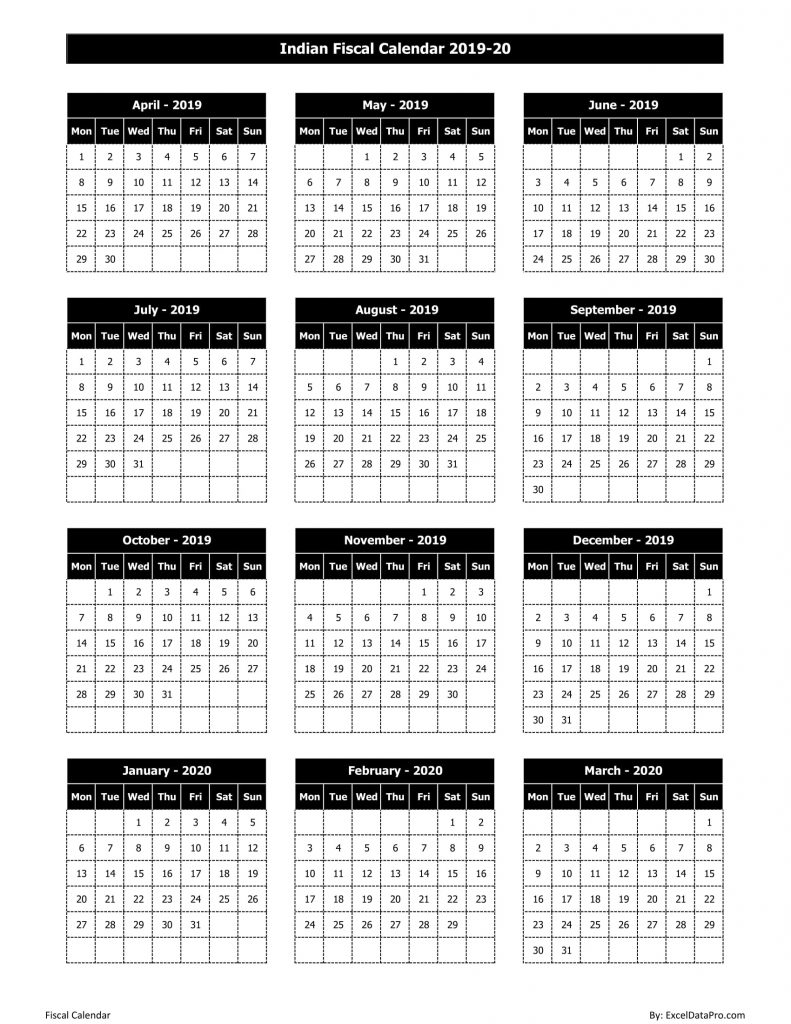 Download Indian Fiscal Calendar 2019-20 Excel Template - ExcelDataPro