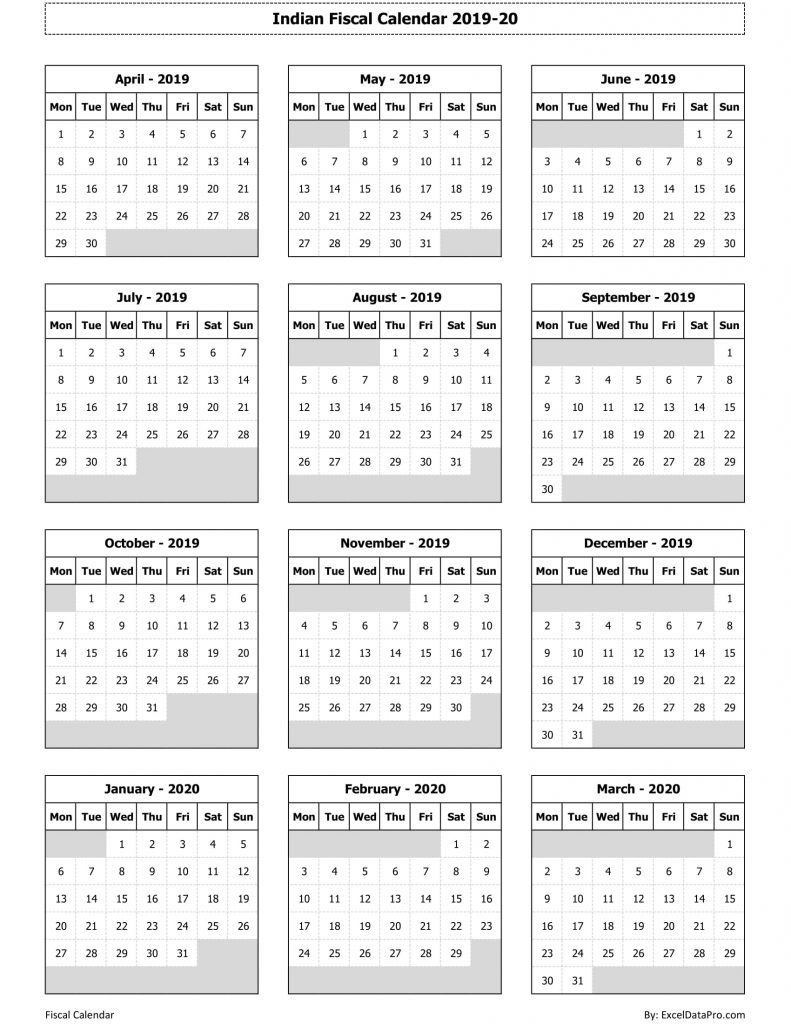 Download Indian Fiscal Calendar 2019-20 Excel Template - ExcelDataPro