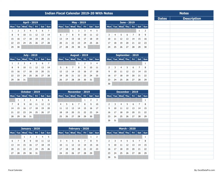 Download Indian Fiscal Calendar 2019-20 With Notes Excel Template ...