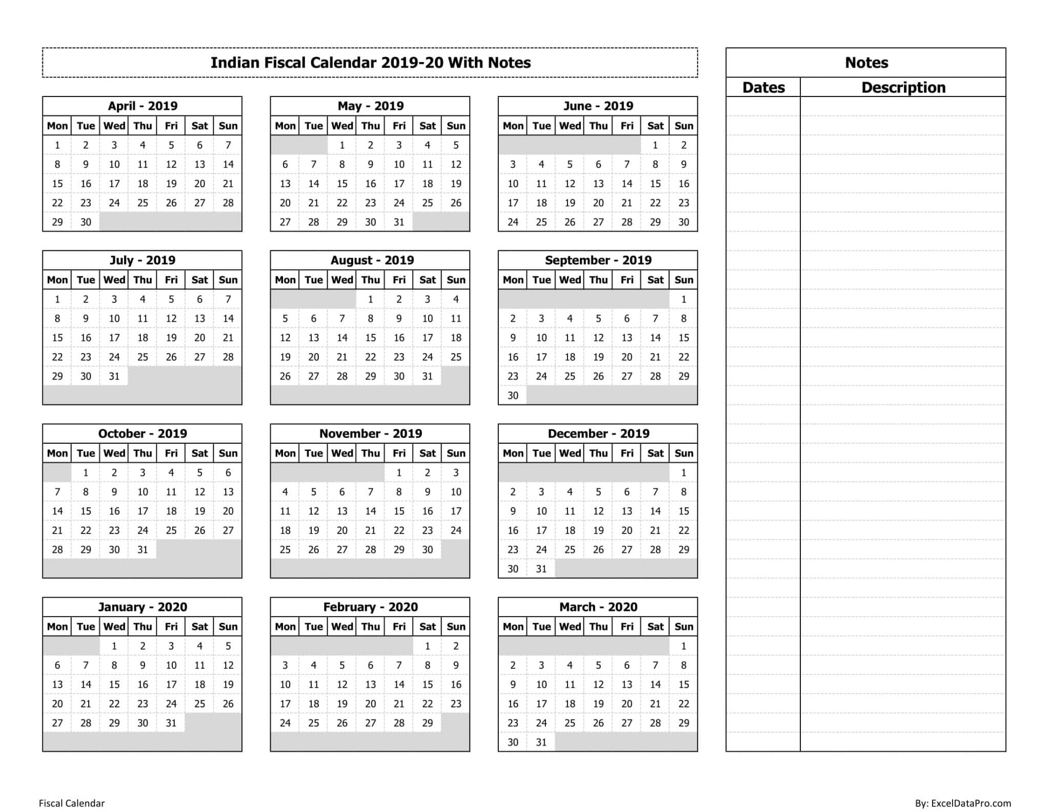 Indian Fiscal Calendar 2019-20 With Notes