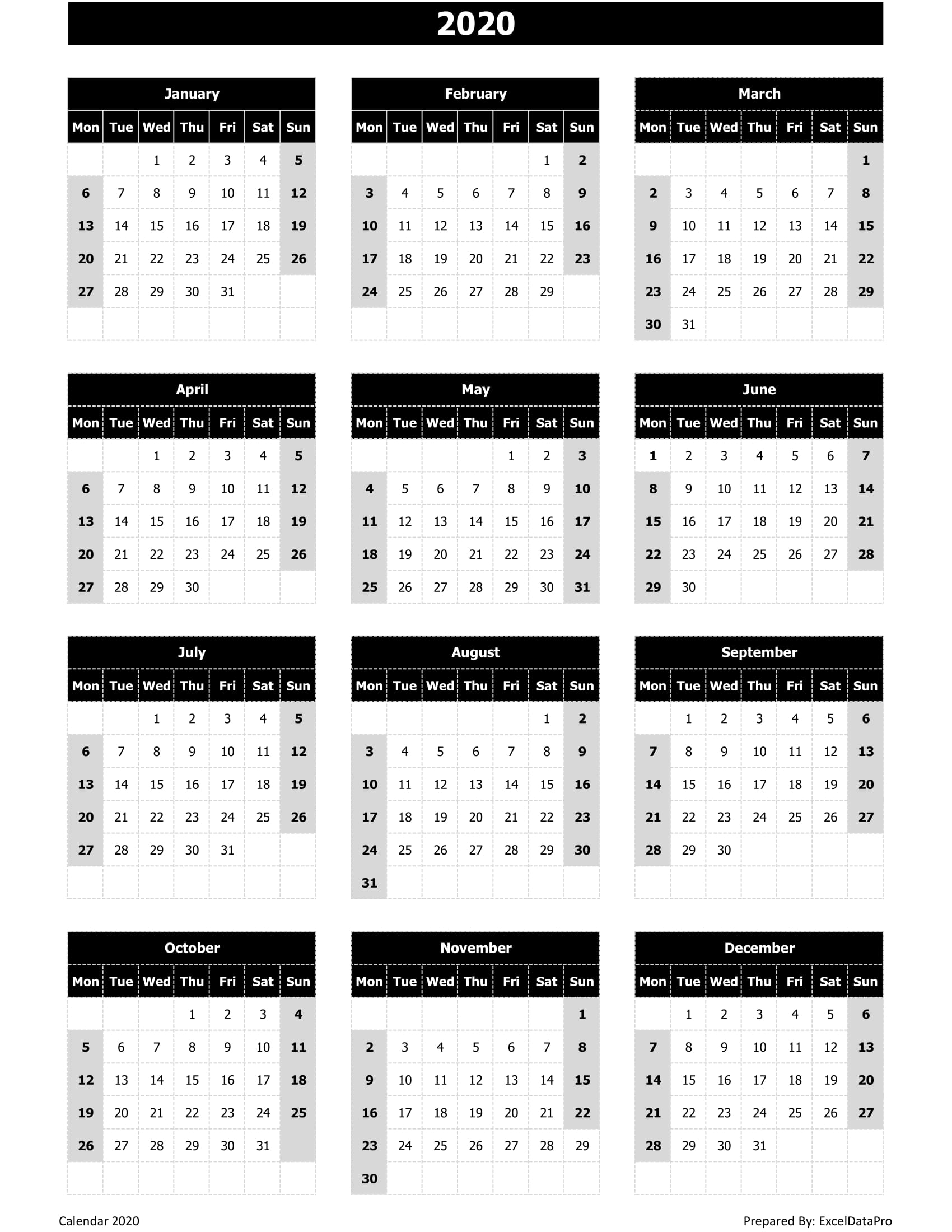2020 Yearly Calendar (Mon Start)