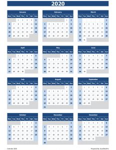 Download 2020 Yearly Calendar (Mon Start) Excel Template - ExcelDataPro