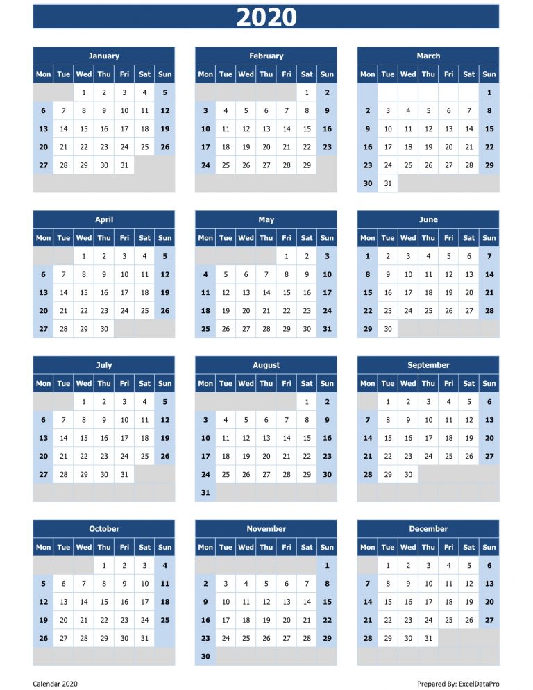 Download 2020 Yearly Calendar (Mon Start) Excel Template - ExcelDataPro