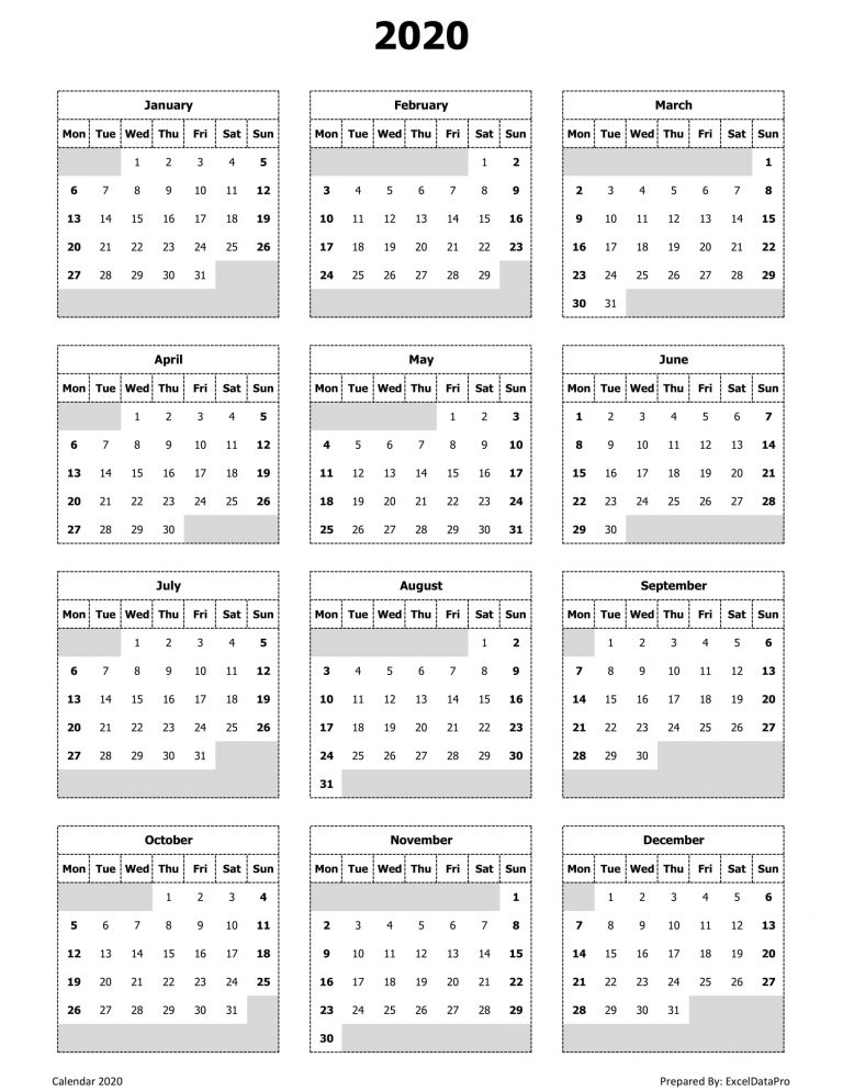 Download 2020 Yearly Calendar (Mon Start) Excel Template - ExcelDataPro