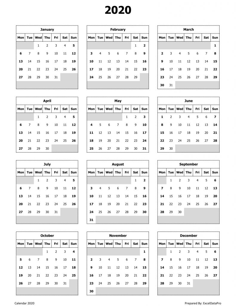 Download 2020 Yearly Calendar (Mon Start) Excel Template - ExcelDataPro