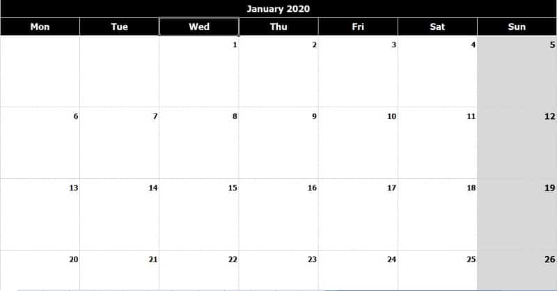 Download 2020 Monthly Calendar (Mon Start) Black & White Excel Template