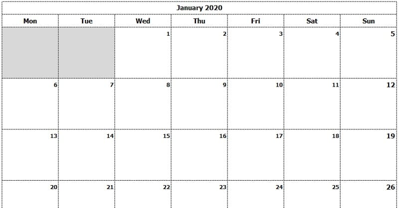 Download 2020 Monthly Calendar (Mon Start) Ink Saver Excel Template