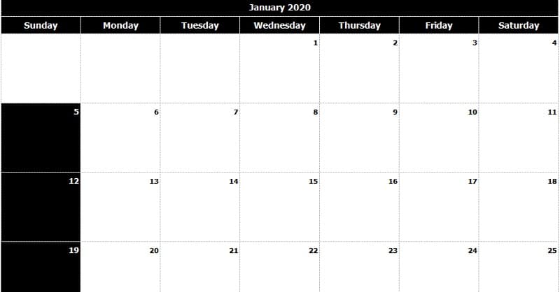 Download 2020 Monthly Calendar (Sun Start) Black & White Excel Template