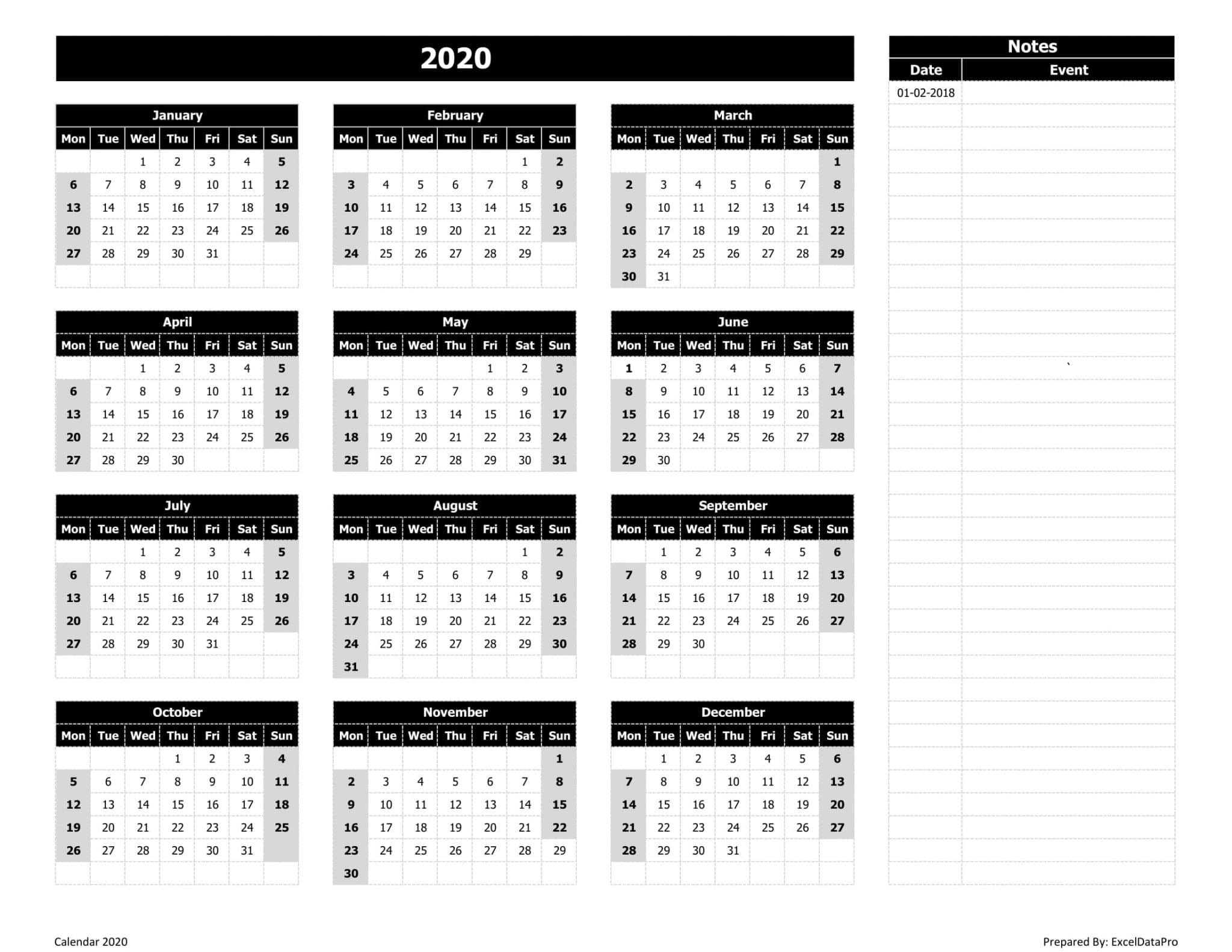 2020 Yearly Calendar (Mon Start) With Notes
