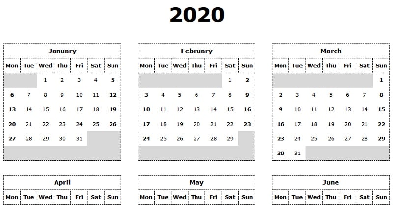 2020 Yearly Calendar (Mon Start)