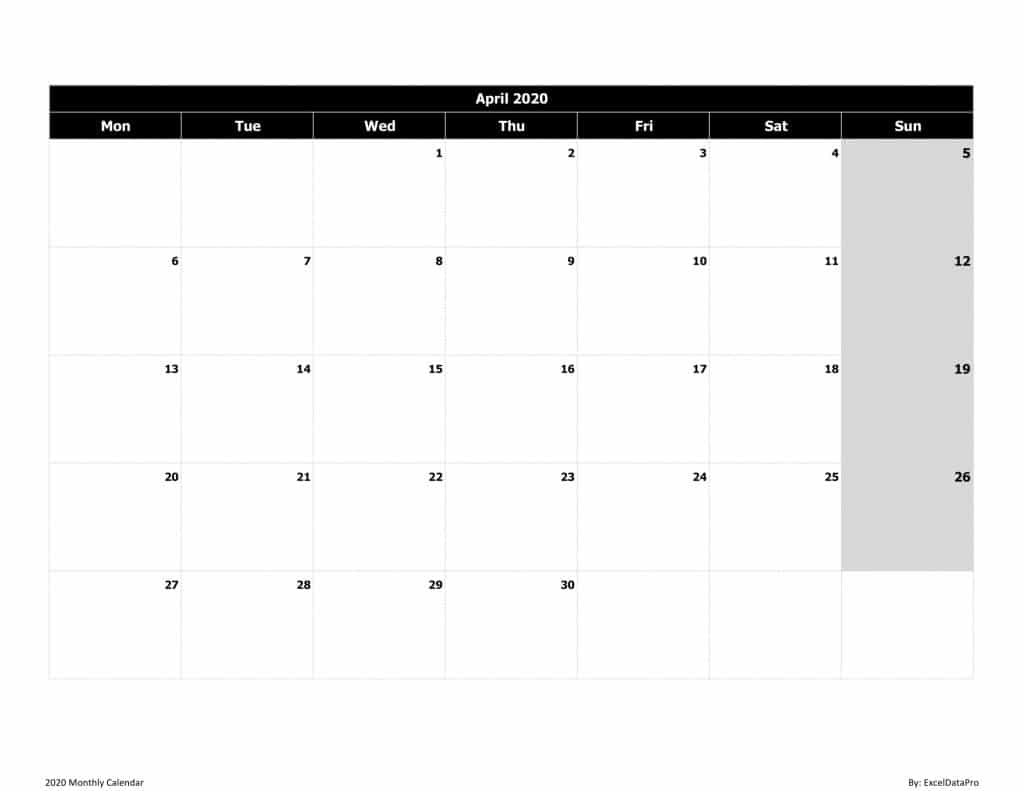2020 Monthly Calendar (Mon Start) Black & White