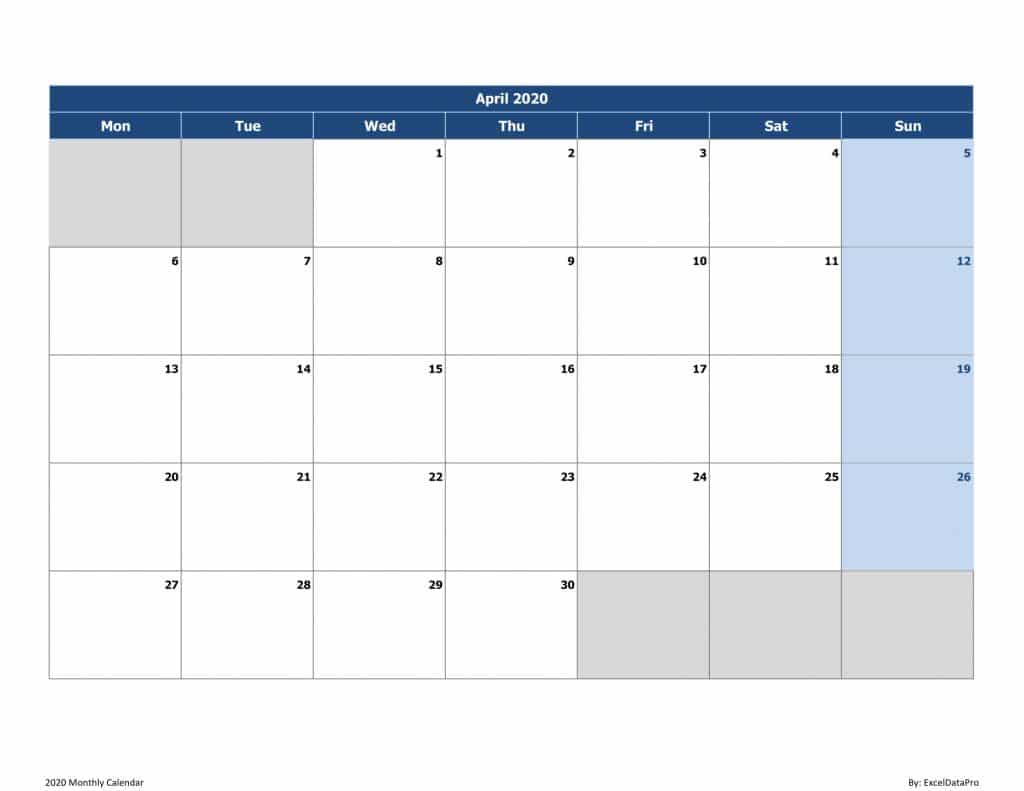 2020 Monthly Calendar (Mon Start)