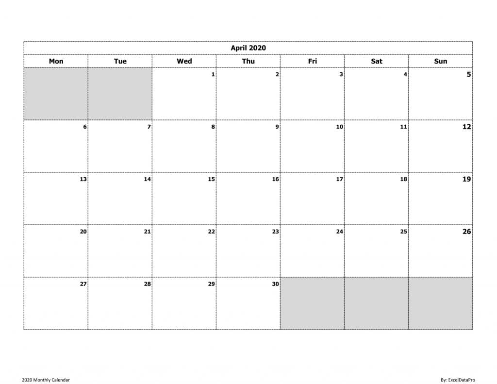 2020 Monthly Calendar (Mon Start) Ink Saver