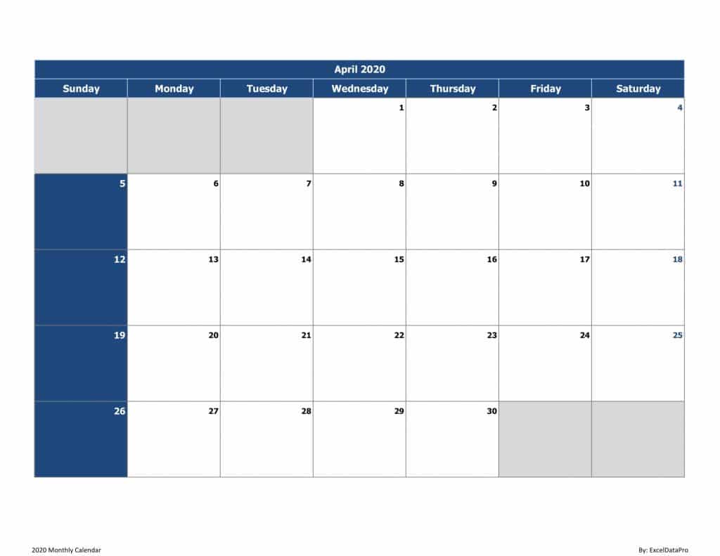 2020 Monthly Calendar (Sun Start)
