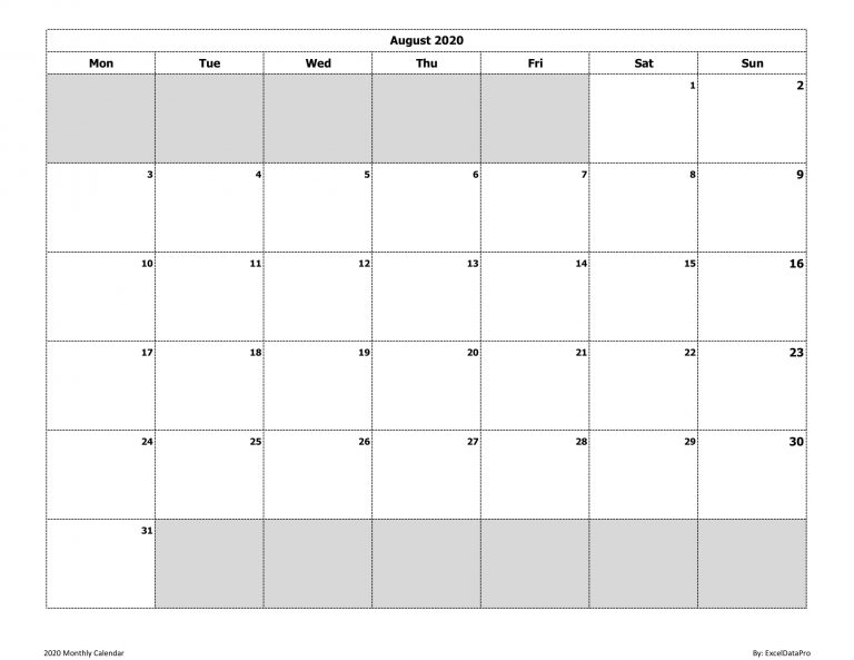 Download 2020 Monthly Calendar (Mon Start) Ink Saver Excel Template ...