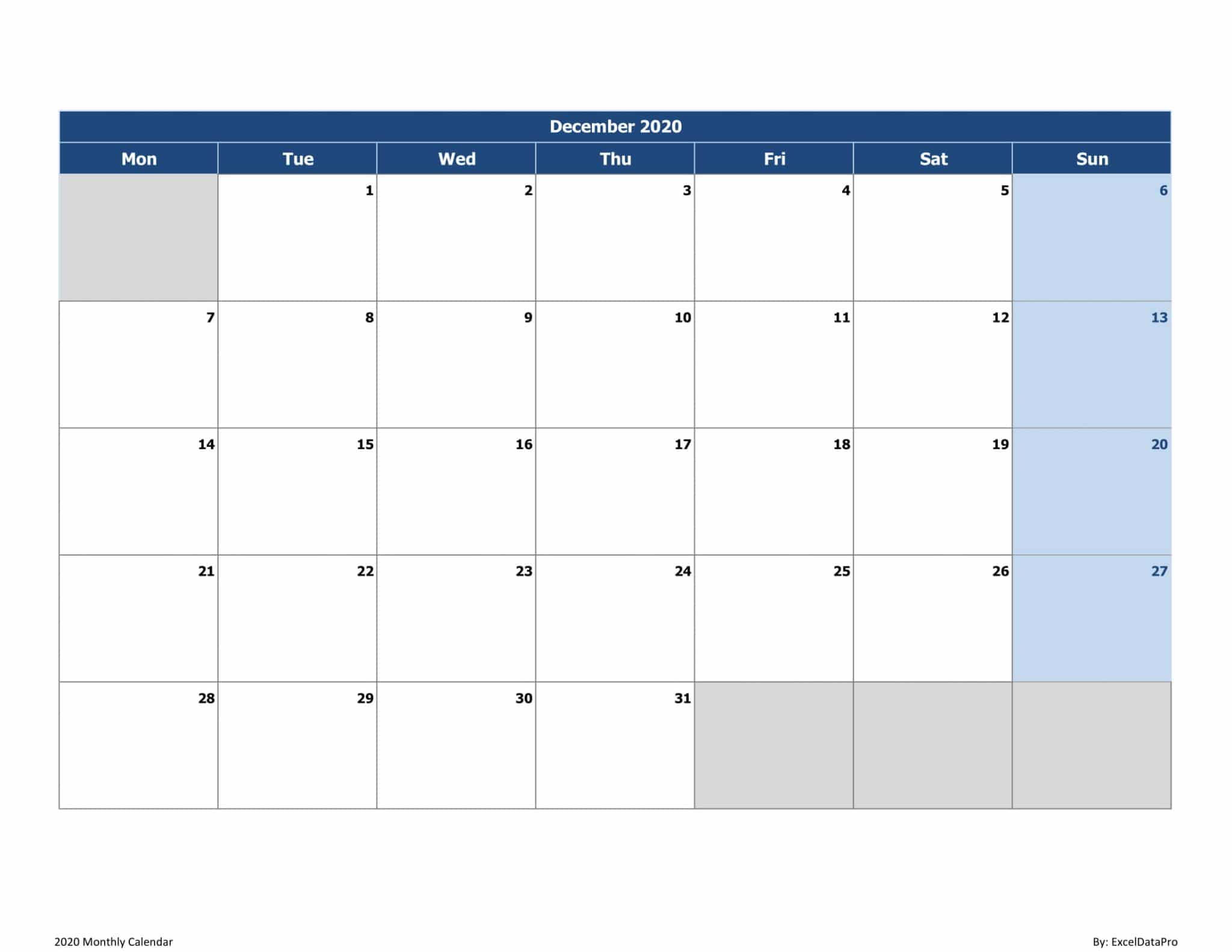 Download 2020 Monthly Calendar (Mon Start) Excel Template - ExcelDataPro