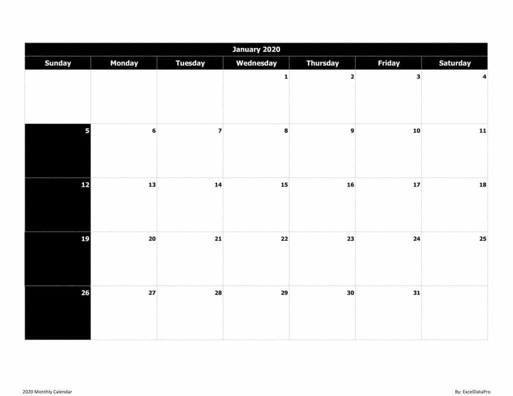 2020 Monthly Calendar (Sun Start) Black & White