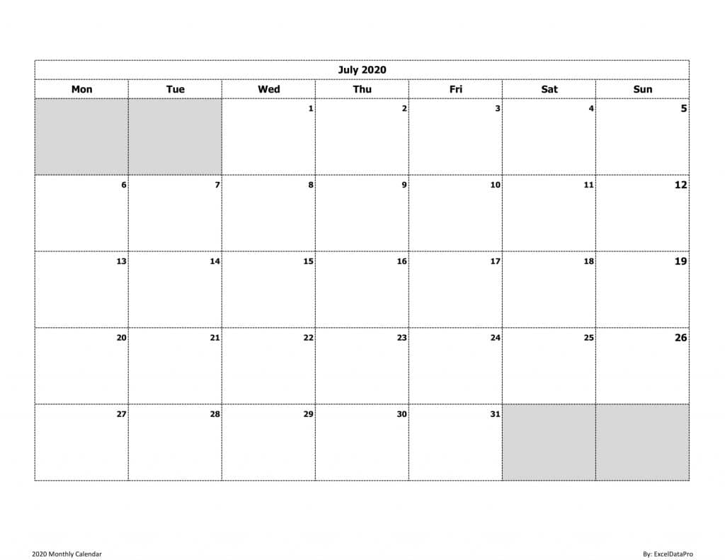 2020 Monthly Calendar (Mon Start) Ink Saver