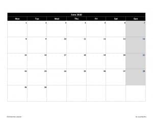 Download 2020 Monthly Calendar (Mon Start) Black & White Excel Template ...