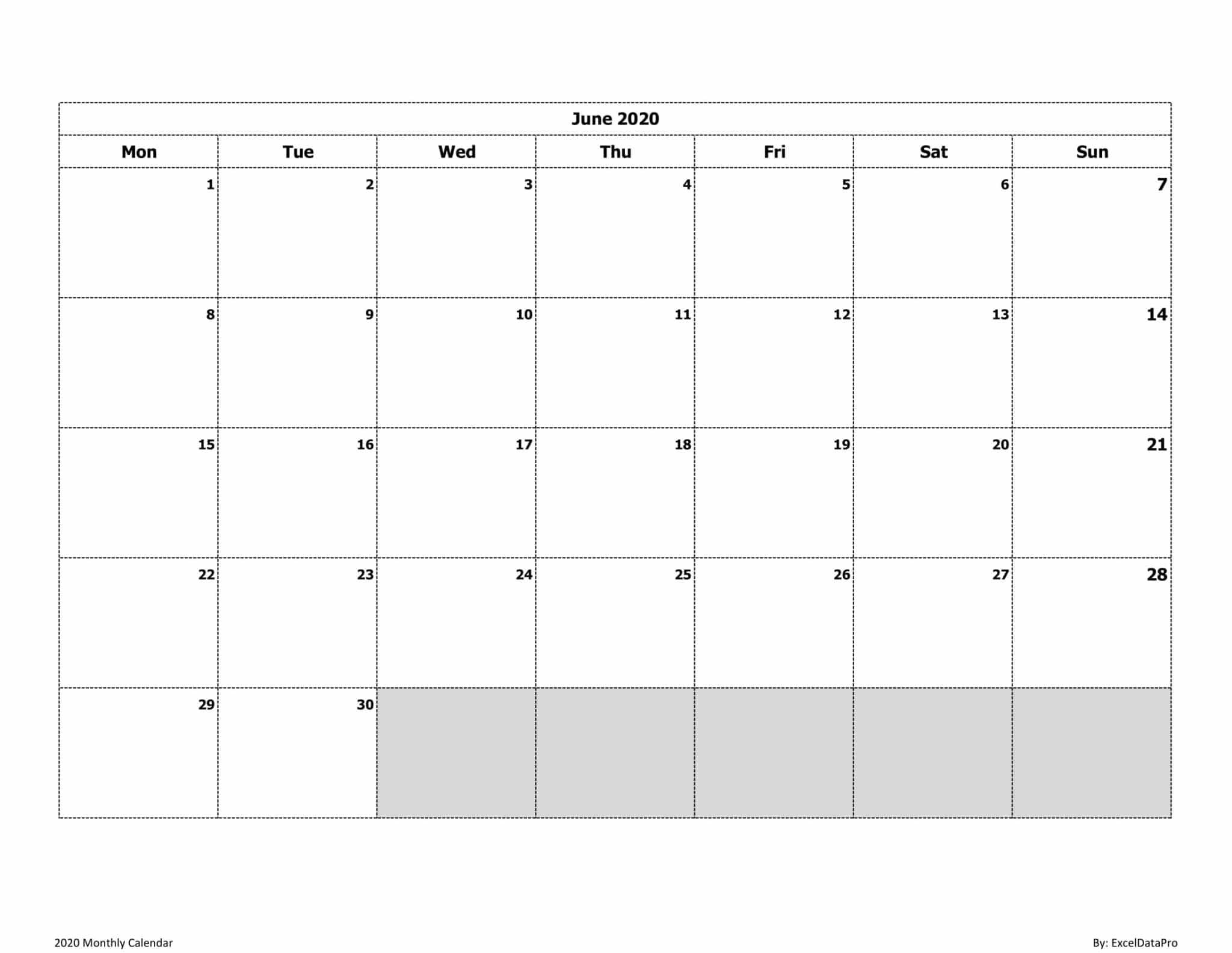 Download 2020 Monthly Calendar Mon Start Ink Saver Excel