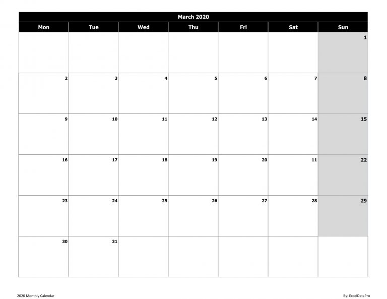 Download 2020 Monthly Calendar (Mon Start) Black & White Excel Template ...