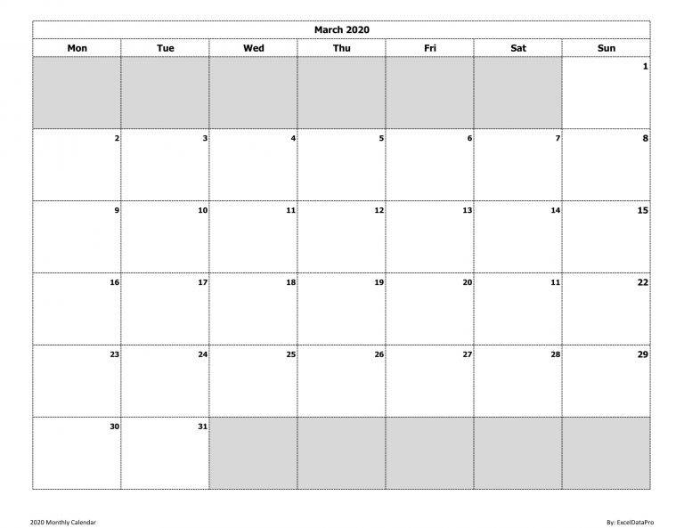 Download 2020 Monthly Calendar (Mon Start) Ink Saver Excel Template ...