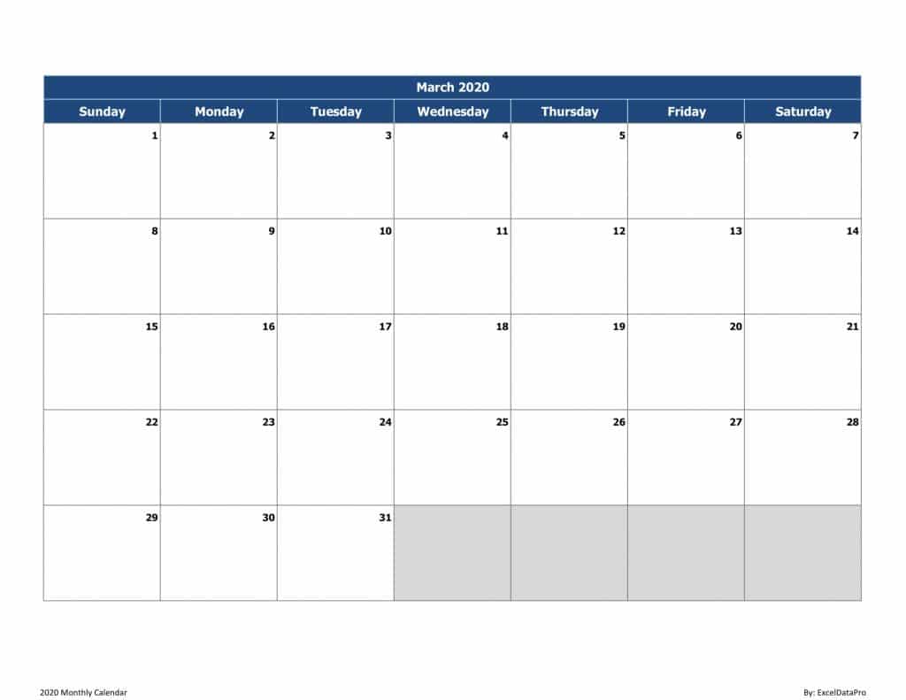 2020 Monthly Calendar (Sun Start)