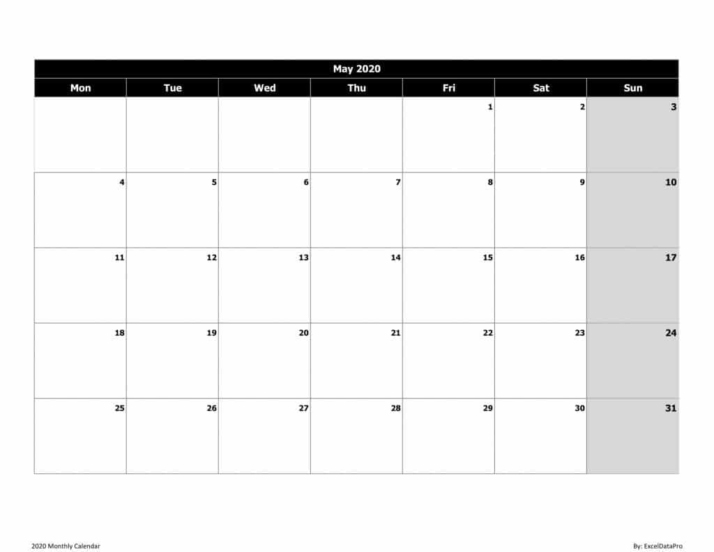 2020 Monthly Calendar (Mon Start) Black & White
