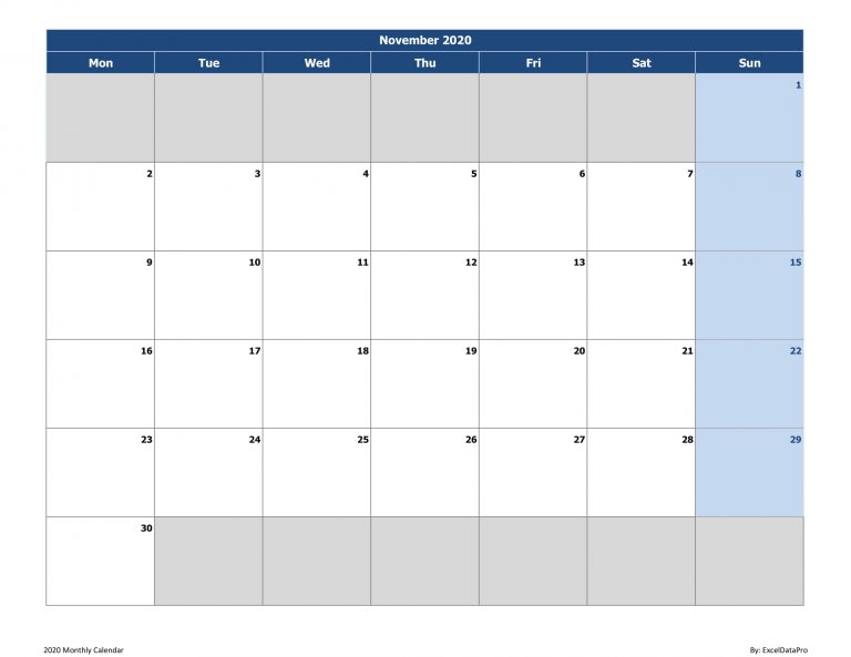 Download 2020 Monthly Calendar (Mon Start) Excel Template - ExcelDataPro