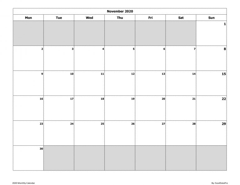 Download 2020 Monthly Calendar (Mon Start) Ink Saver Excel Template ...