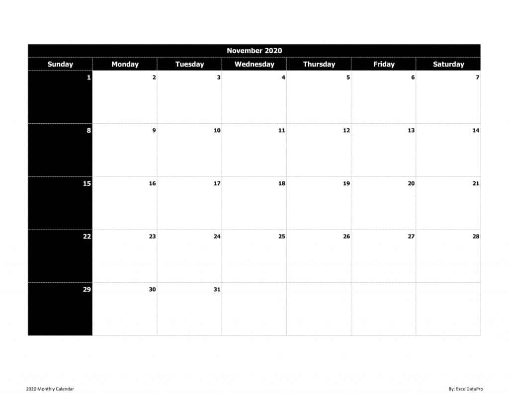 2020 Monthly Calendar (Sun Start) Black & White