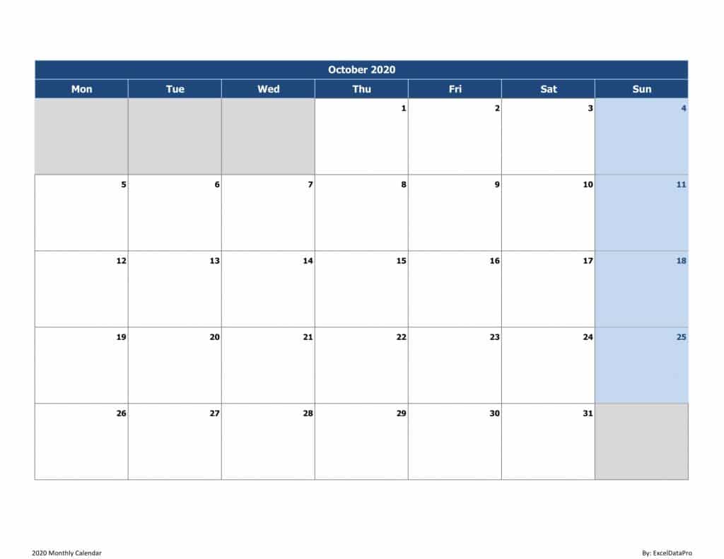 2020 Monthly Calendar (Mon Start)