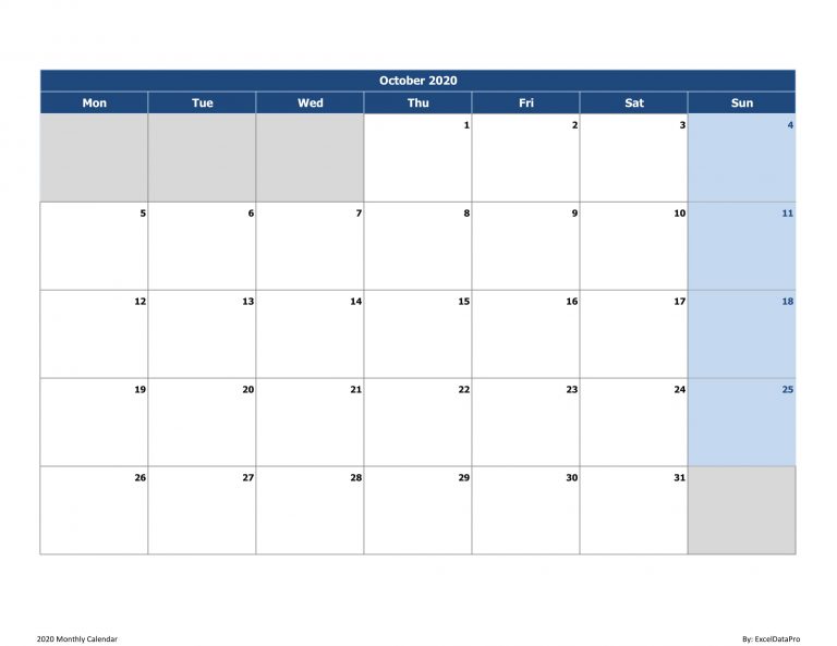 Download 2020 Monthly Calendar (Mon Start) Excel Template - ExcelDataPro