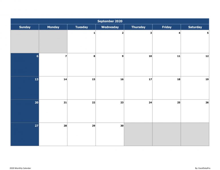 Download 2020 Monthly Calendar (Sun Start) Excel Template - ExcelDataPro