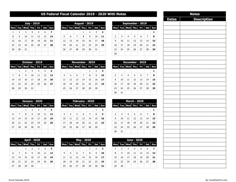 Download US Federal Fiscal Calendar 2019-20 With Notes Excel Template ...