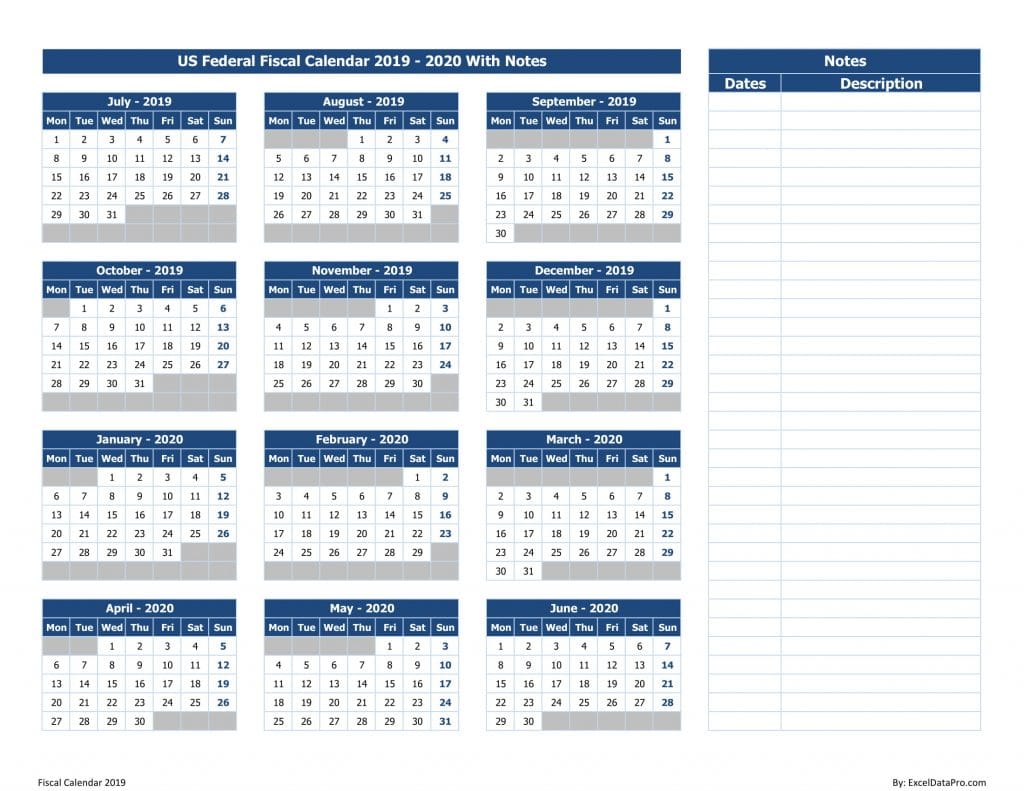 Download US Federal Fiscal Calendar 2019-20 With Notes Excel Template ...
